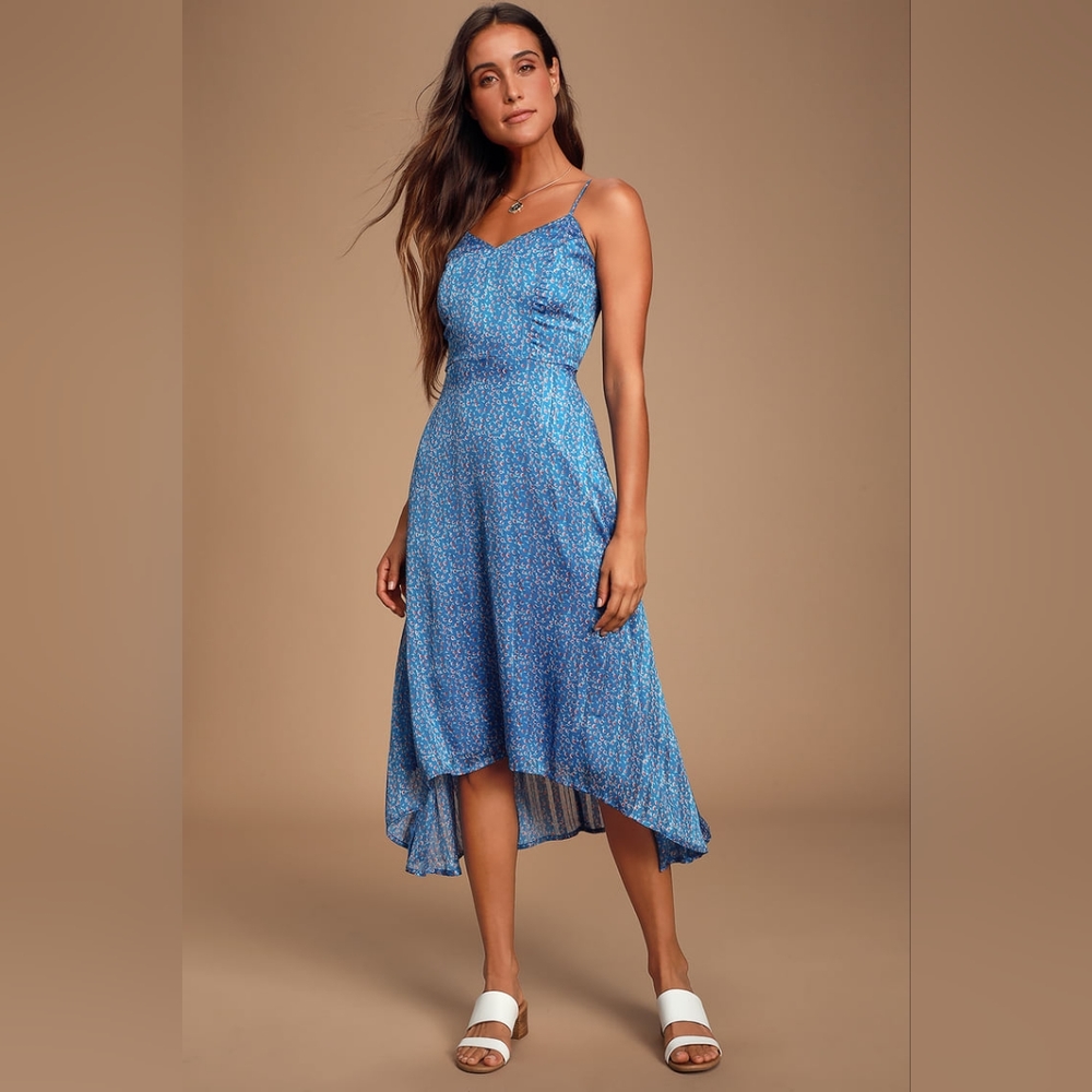 Lulu's Dreams of Love Royal Blue Floral Print High-Low Midi Dress